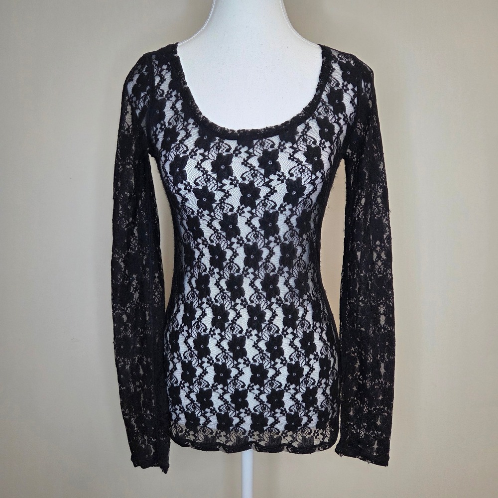 Express Womens Black Floral Lace Long Sleeve Scoop Neck Sheer Top‎ XS